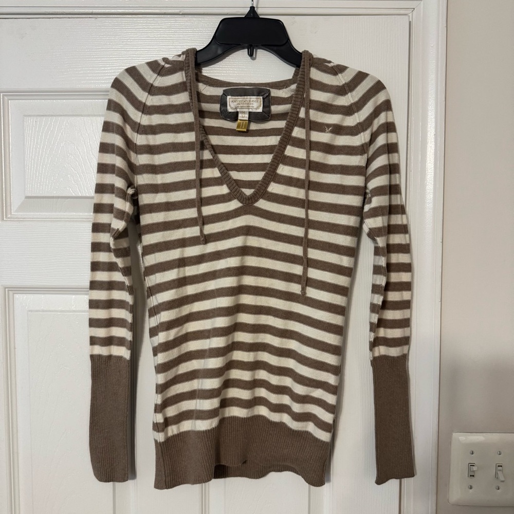 American Eagle Outfitters Brown and White V-Neck Sweater